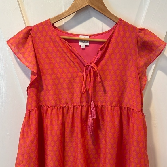 J. Marie Ella Pink Orange Tiered Flutter Sleeve Dress Size Large - Picture 4 of 6